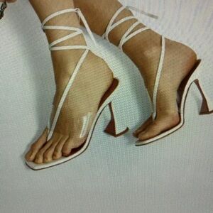Strappy White Lace-Up Block Heel Sandals